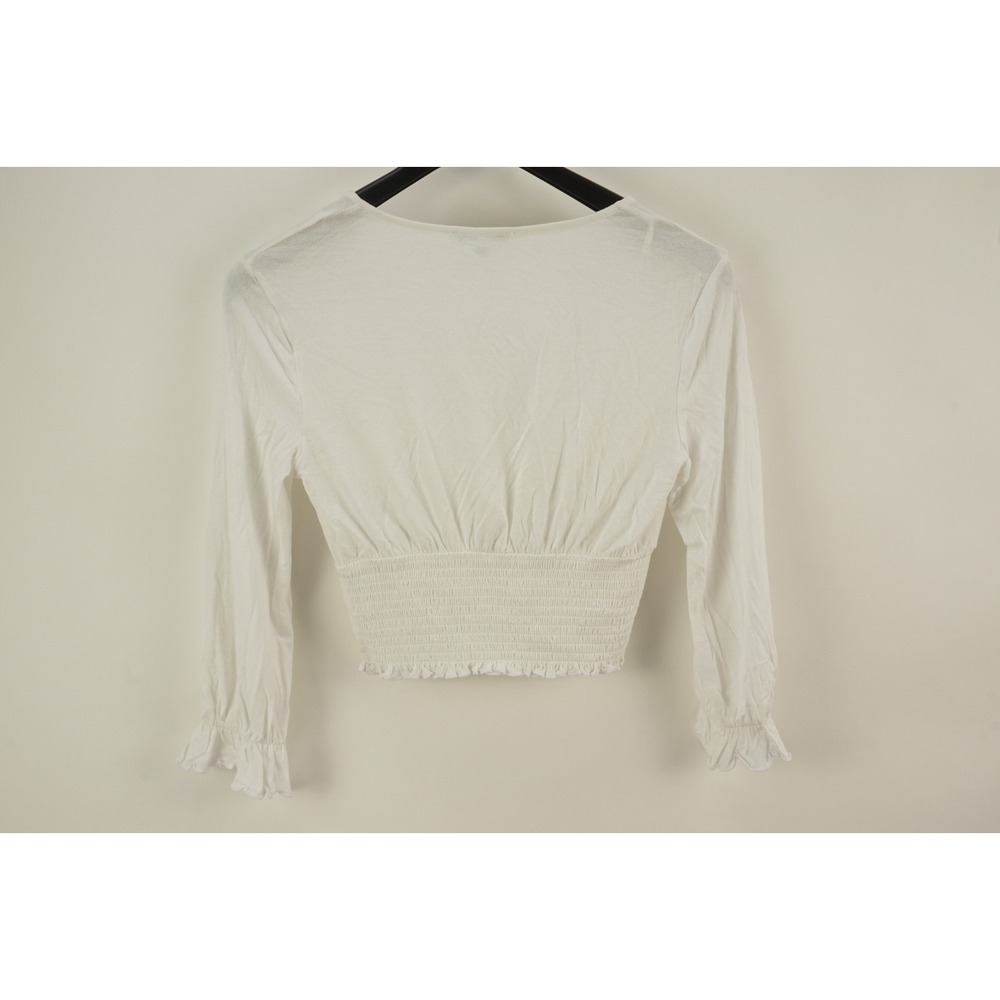New Love Tree Smocked Long Sleeve V-Neck Crop Top Womens Size Large White Jersey - Picture 2 of 6